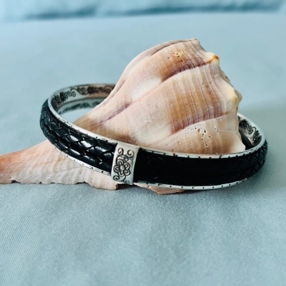 Brighton Braided Black Leather Talana Scroll Bangle